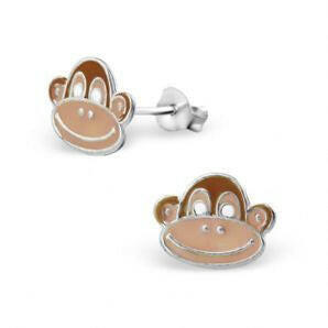 Cute monkey earrings for children by Melchior Jewellery featuring silver studs with smiling monkey faces