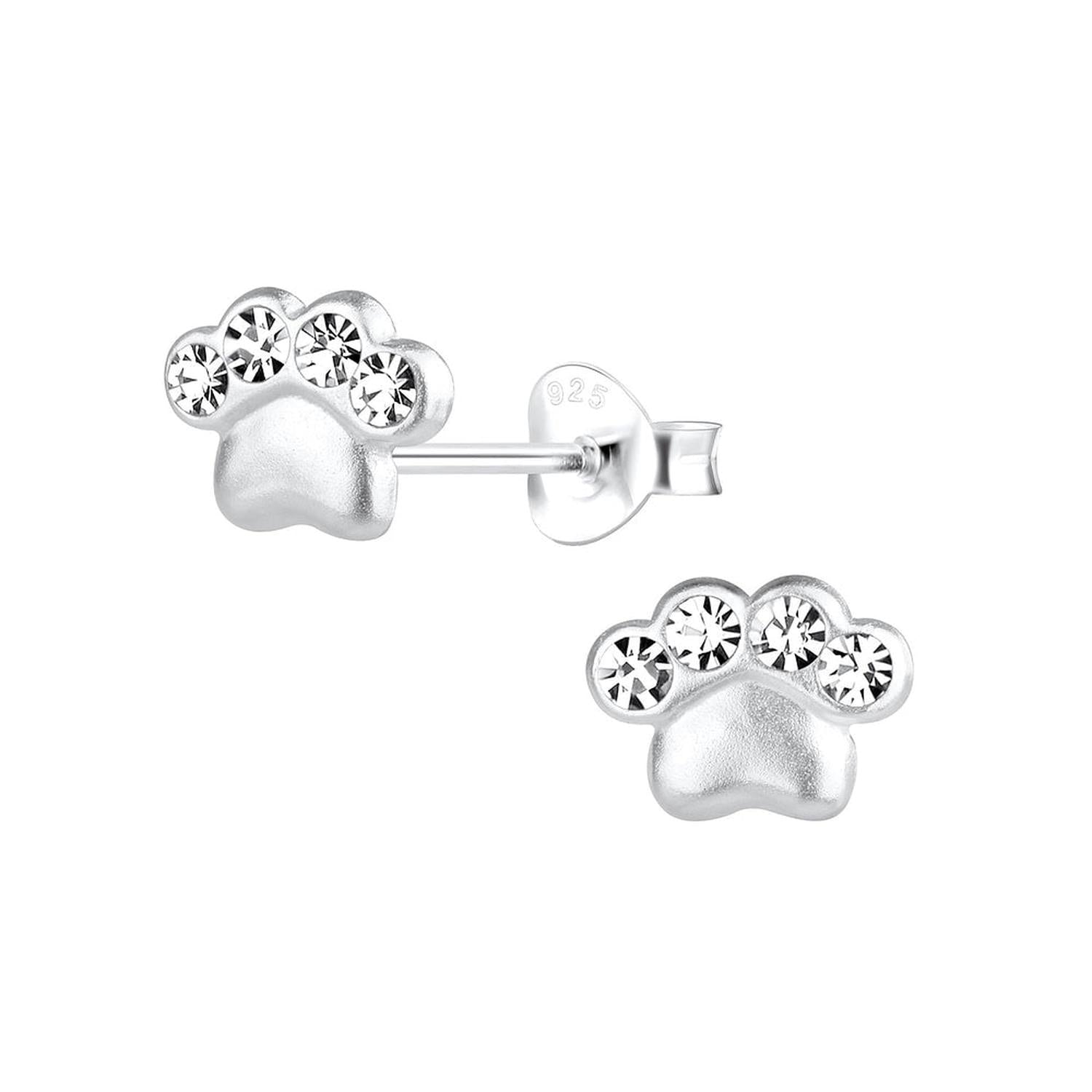 Melchior Jewellery CZ dog paw stud earrings for kids in silver with clear cubic zirconia stones