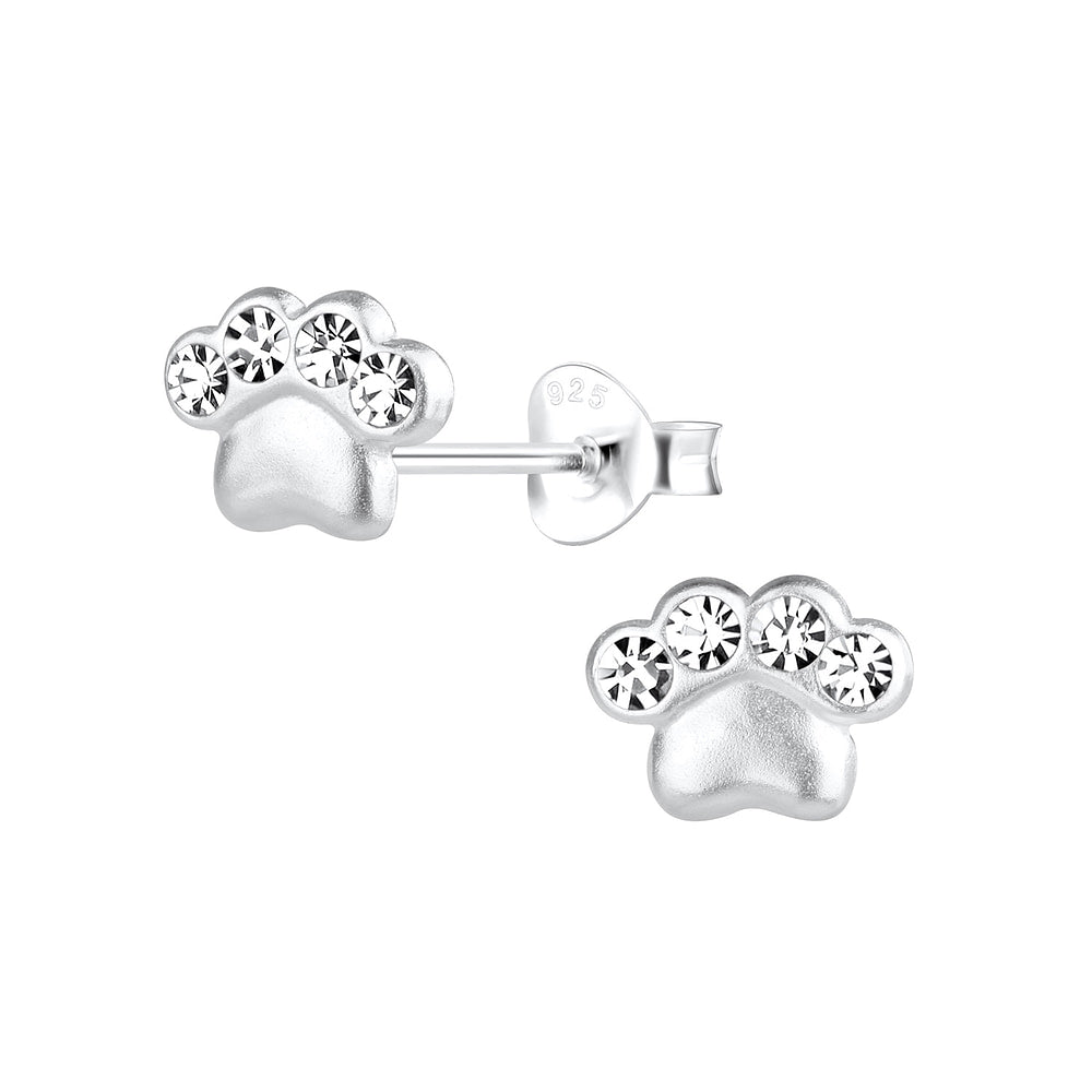 Melchior Jewellery CZ dog paw stud earrings for kids in silver with clear cubic zirconia stones