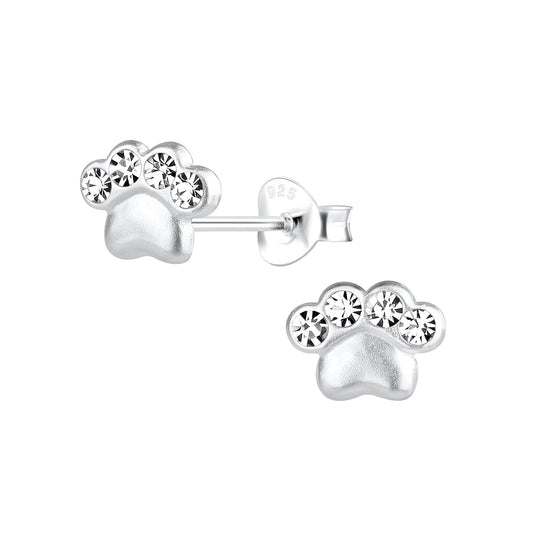 Melchior Jewellery CZ dog paw stud earrings for kids in silver with clear cubic zirconia stones