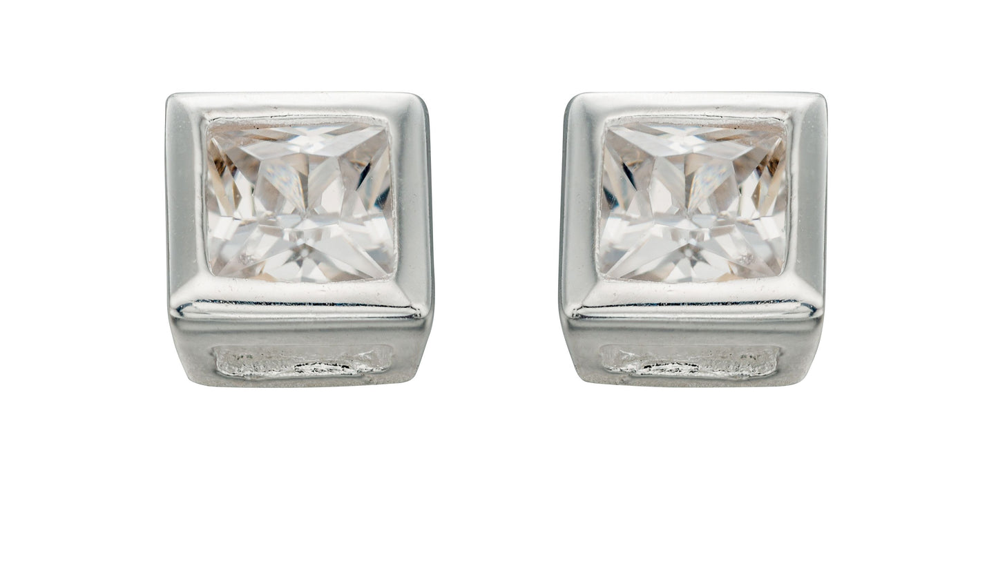 Sterling Silver Clear CZ 4mm Square Stud Earrings
