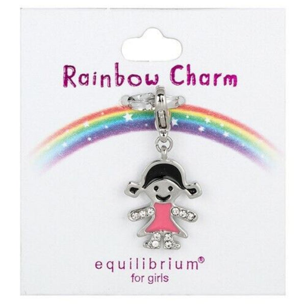 Children's enamel girl shoes charm in silver with pink dress and black hair by Melchior Jewellery