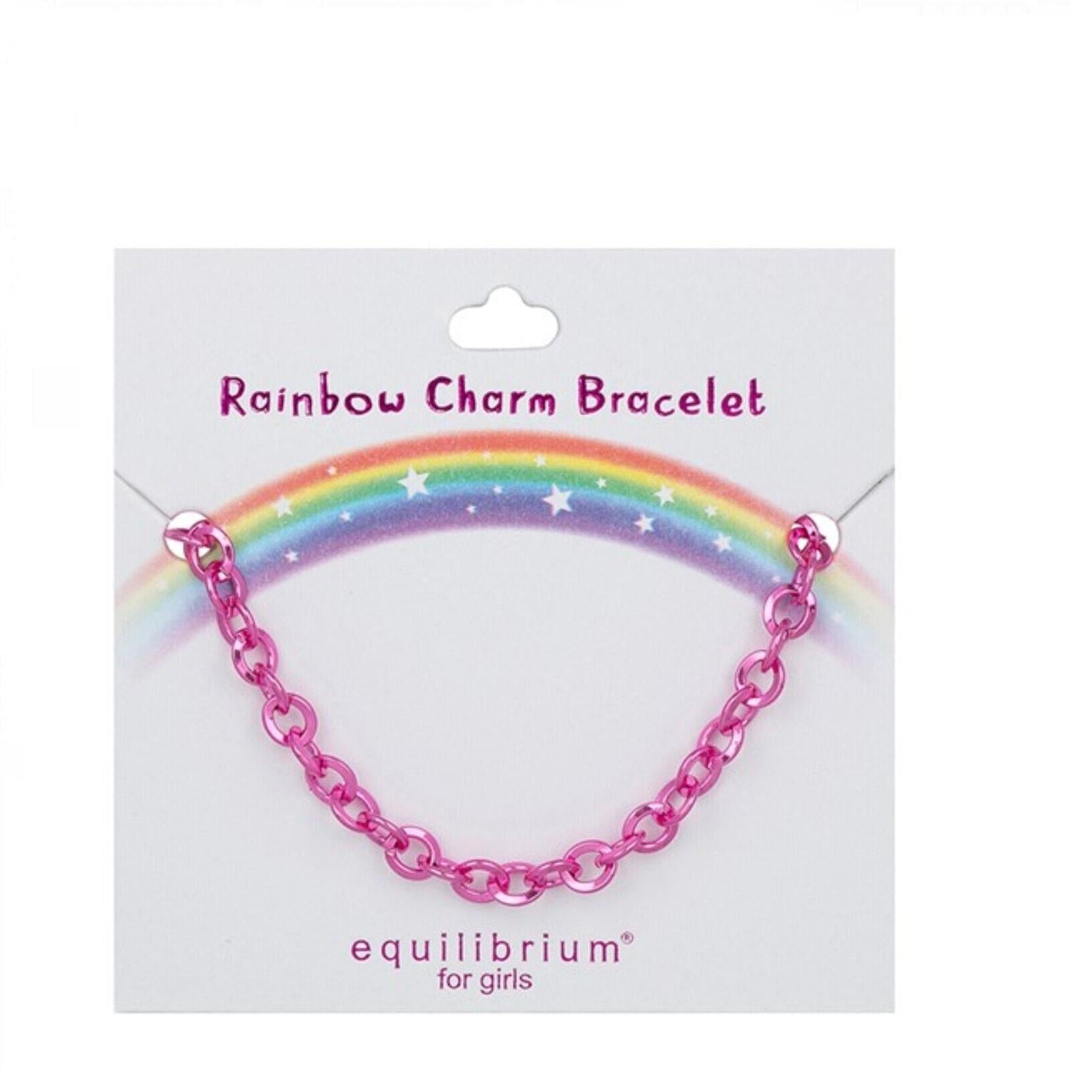 Pink childrens rainbow charm bracelet with linked chain on white card featuring colourful rainbow and stars