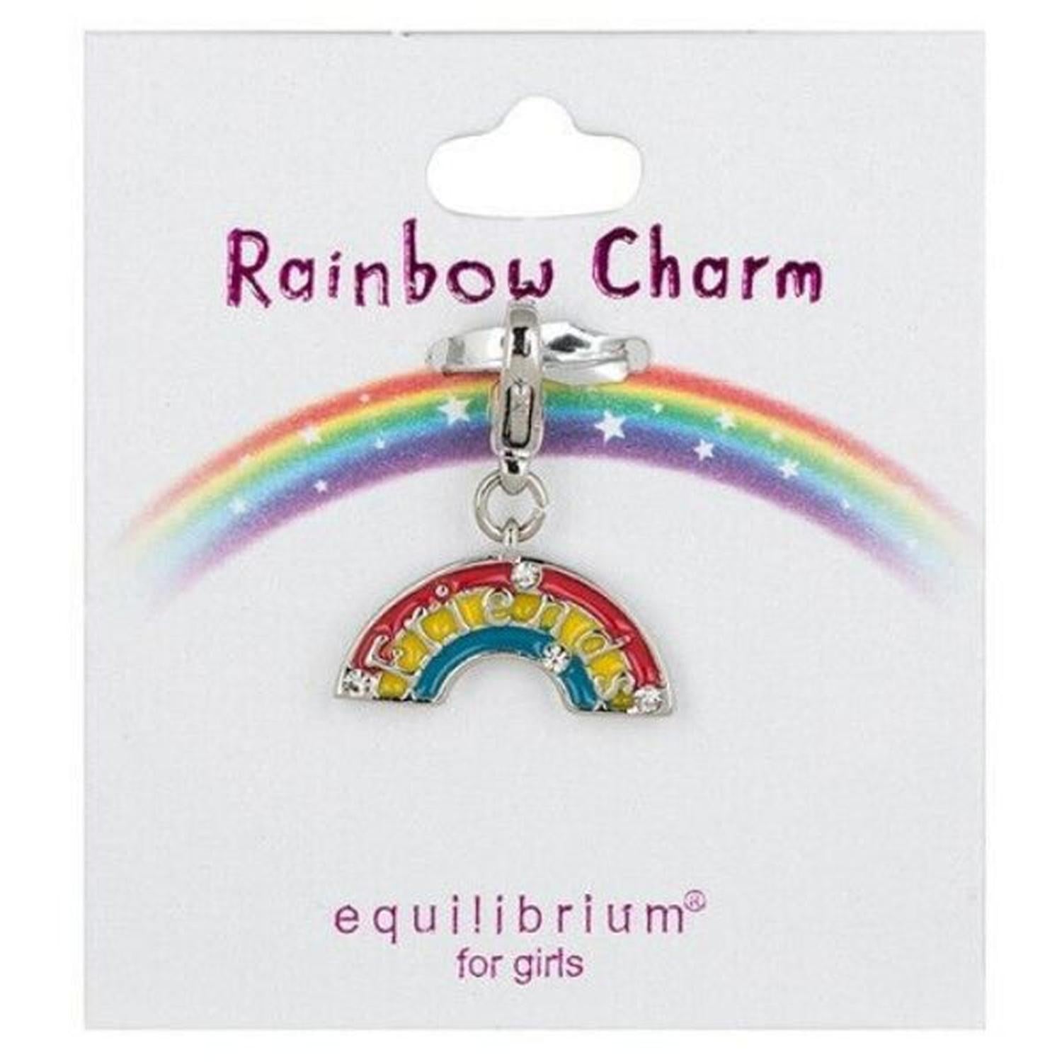 Melchior Jewellery enamel rainbow charm for childrens bracelet with red, yellow, blue, and silver detailing on white backing card