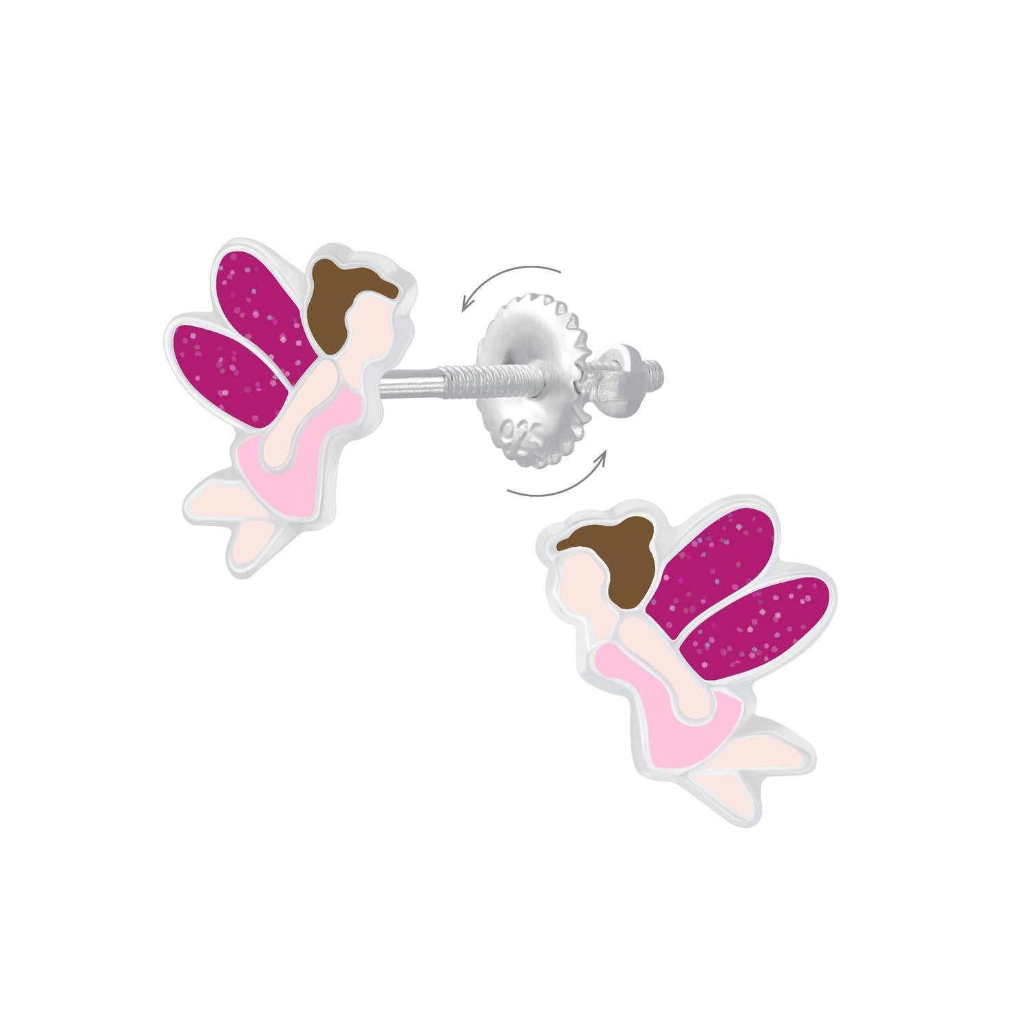 Melchior Jewellery fairy design screw back earrings for kids in pink and purple with secure fastening