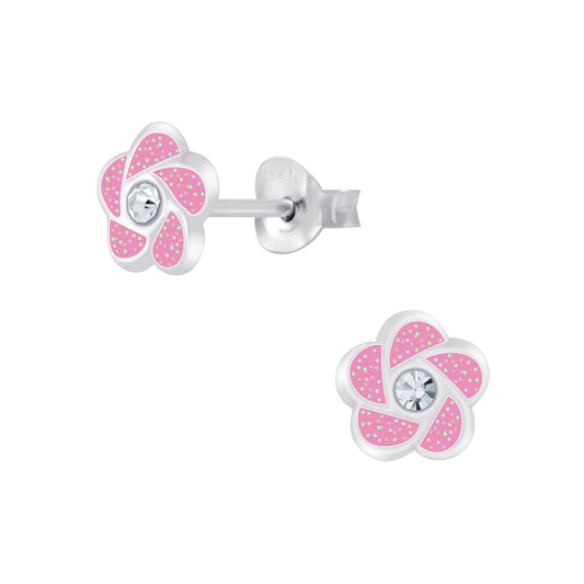 Melchior Jewellery silver flower stud earrings for girls with pink enamel and central crystal detail
