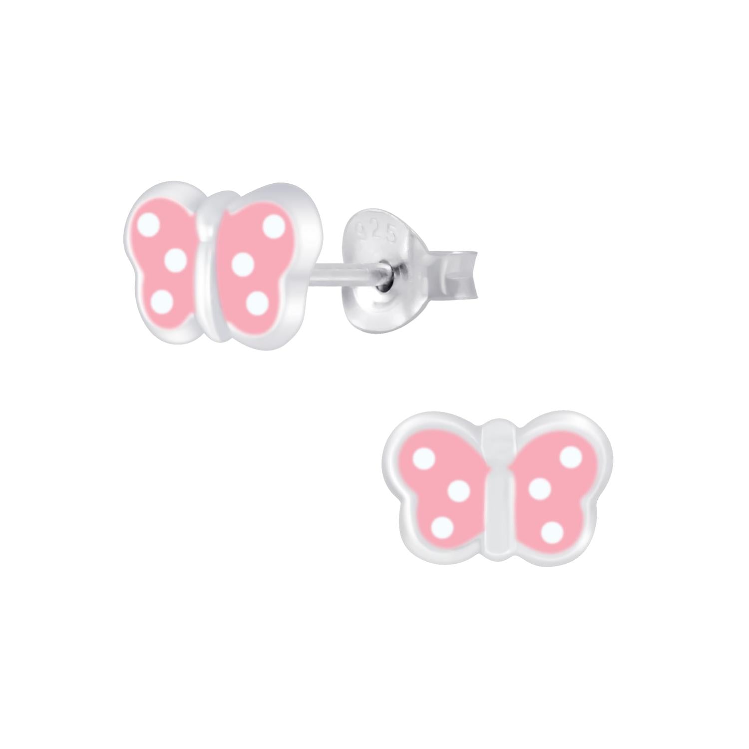 Girls silver butterfly earrings with white spots by Melchior Jewellery, perfect for children
