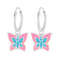 Melchior Jewellery girls silver hoop earrings butterfly design with pink and blue accents