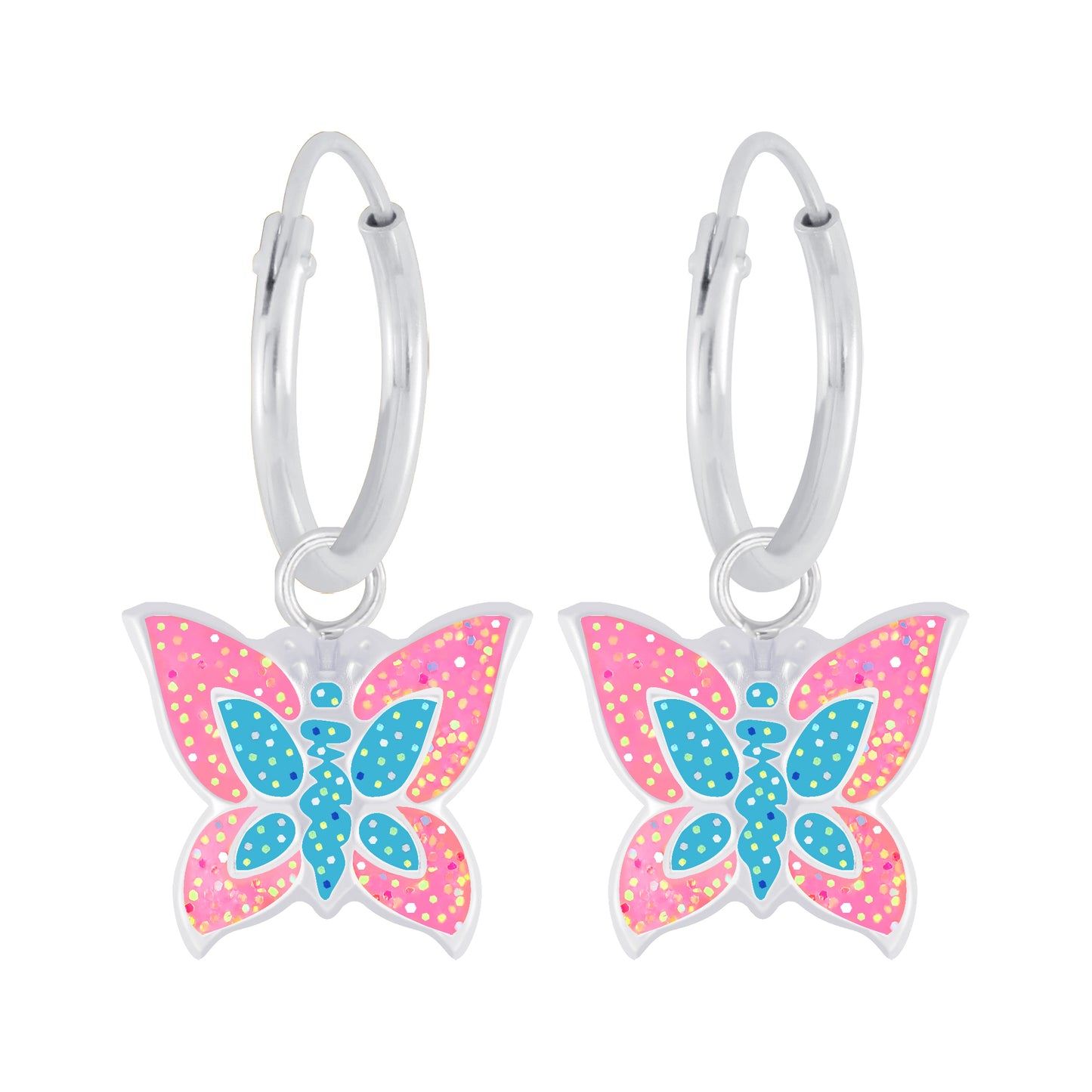 Melchior Jewellery girls silver hoop earrings butterfly design with pink and blue accents