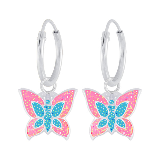 Melchior Jewellery girls silver hoop earrings butterfly design with pink and blue accents