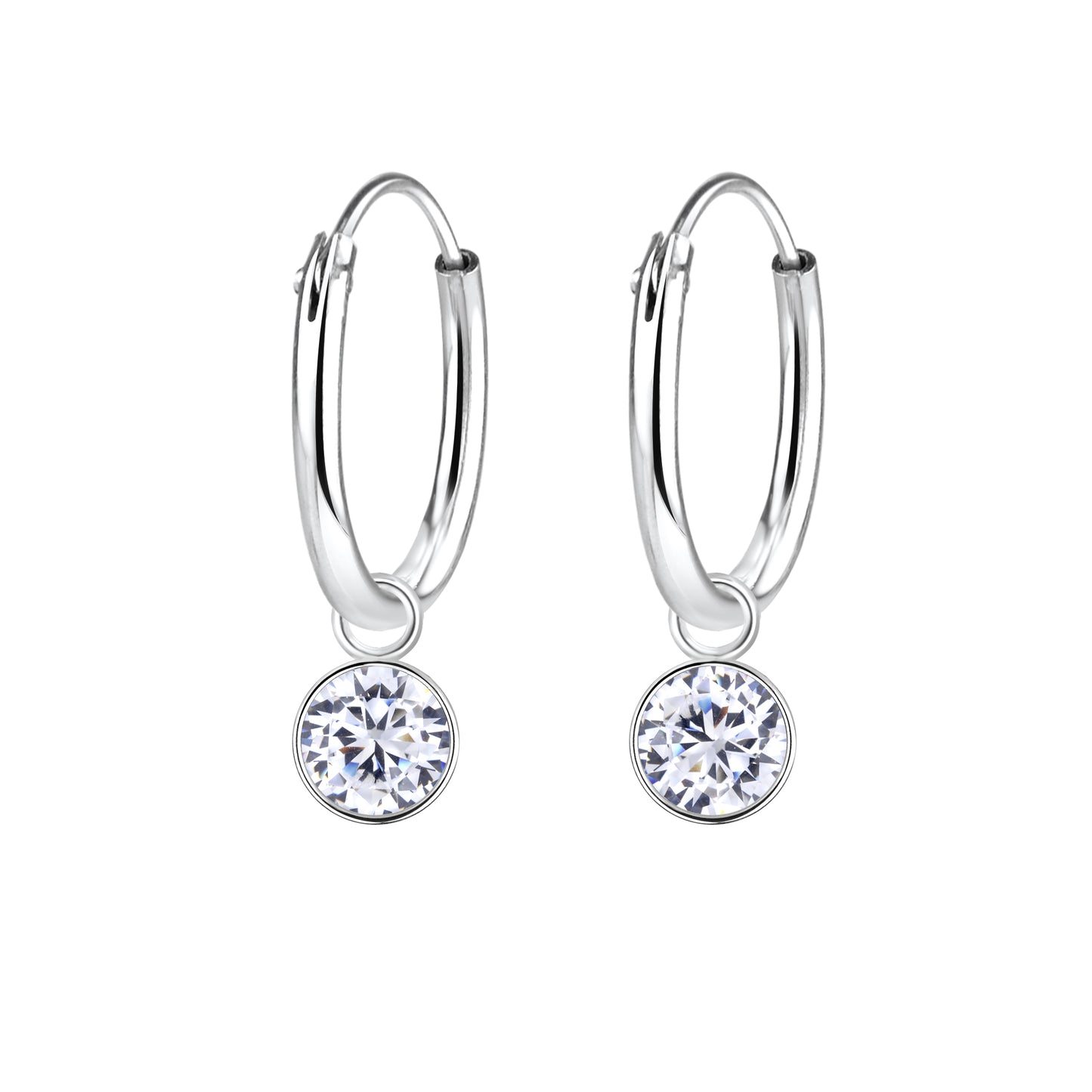 Melchior Jewellery kids CZ charm earrings silver hoops with round clear cubic zirconia charms
