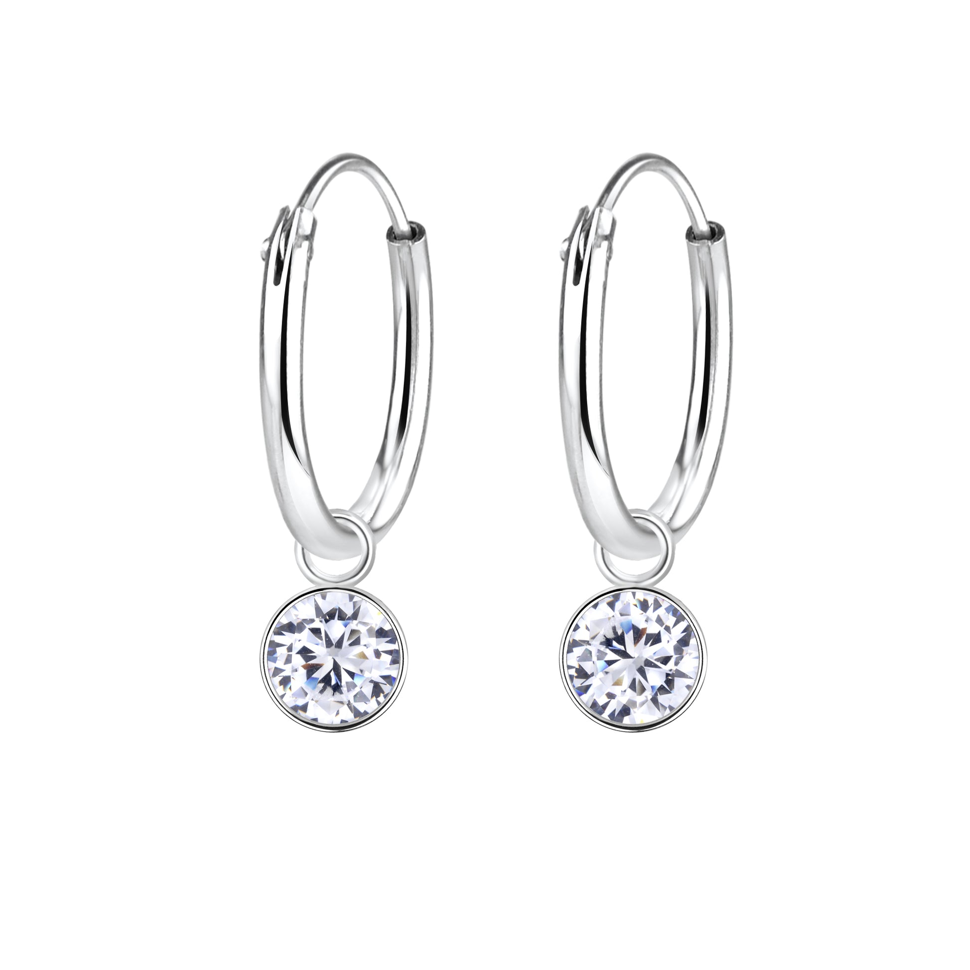 Melchior Jewellery kids CZ charm earrings silver hoops with round clear cubic zirconia charms