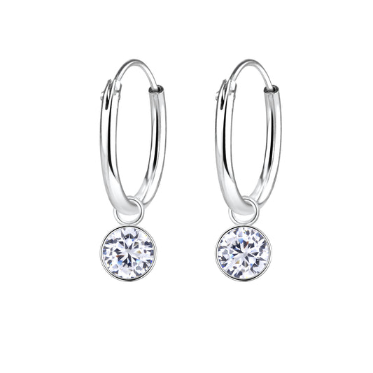 Melchior Jewellery kids CZ charm earrings silver hoops with round clear cubic zirconia charms