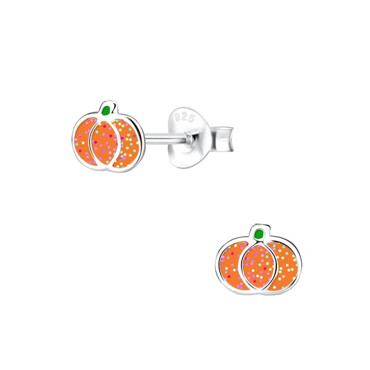 Melchior Jewellery kids glitter pumpkin stud earrings in silver with orange glitter design for children