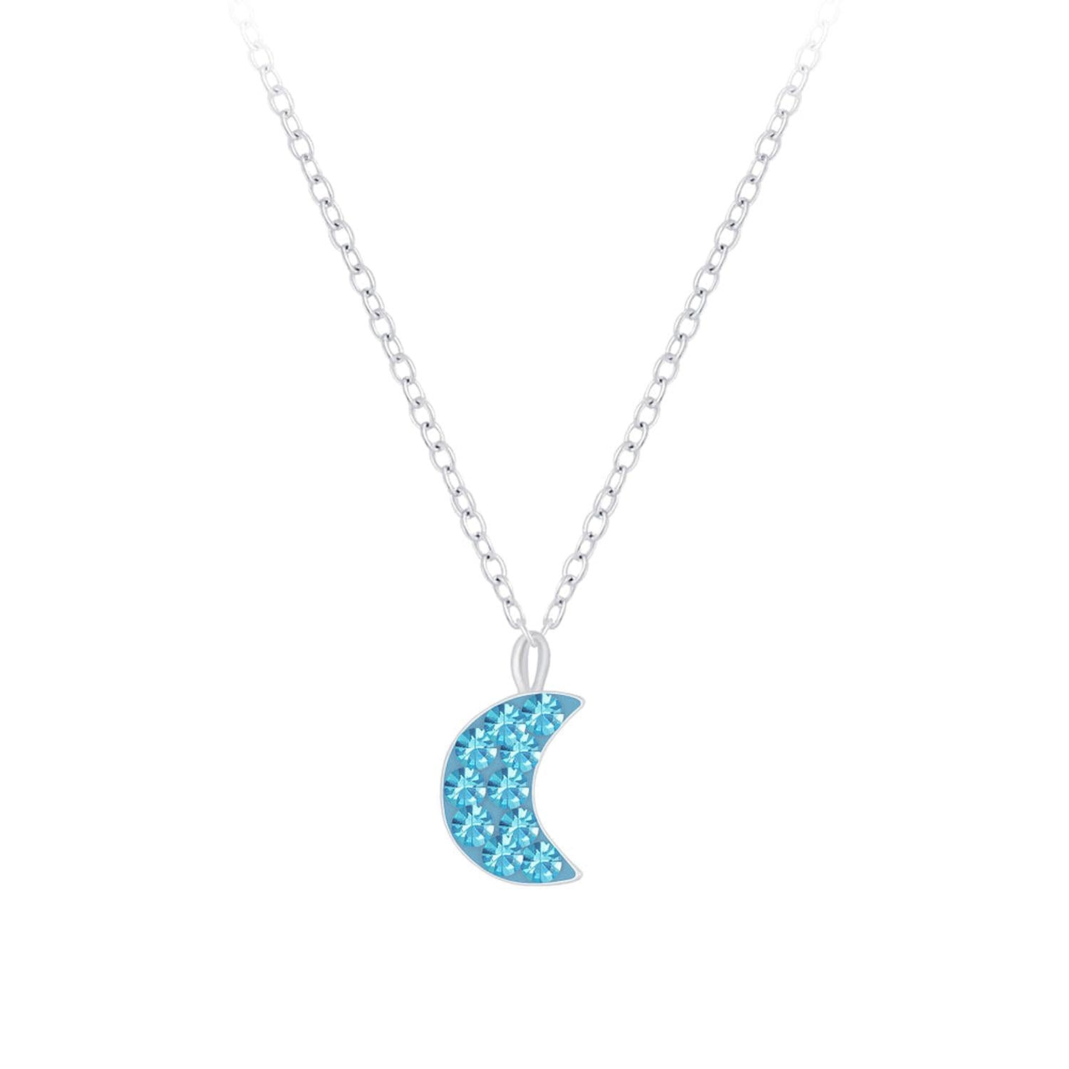 Kids Moon Pendant Necklace in Sterling Silver with blue crystal moon charm by Melchior Jewellery
