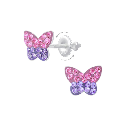 Kids screw back earrings silver butterfly design with pink and purple crystals by Melchior Jewellery