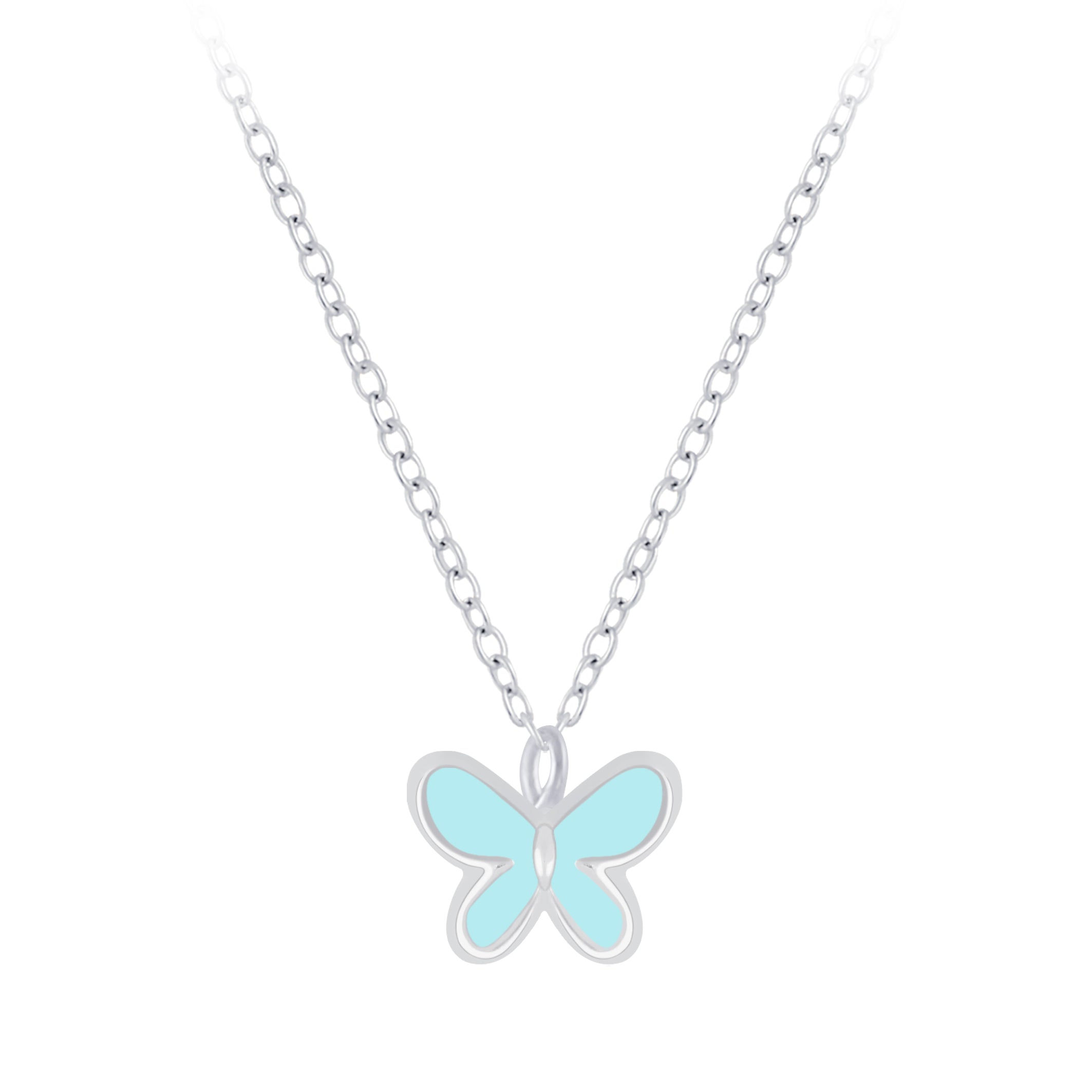 Melchior Jewellery kids silver butterfly pendant necklace with light blue enamel detailing