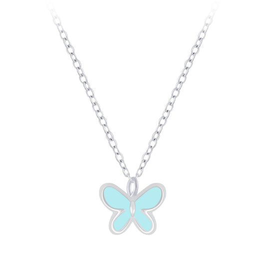 Melchior Jewellery kids silver butterfly pendant necklace with light blue enamel detailing