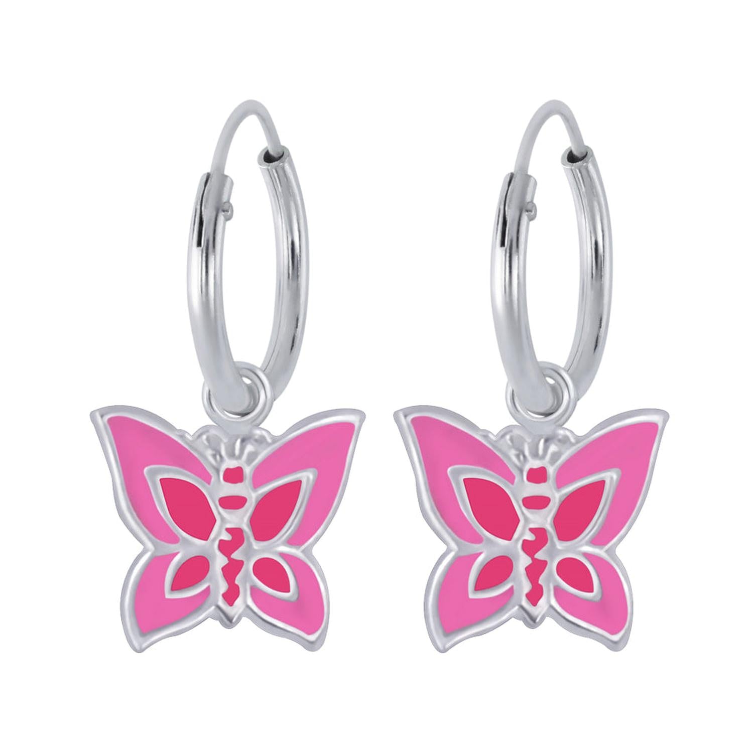 Kids Sterling Silver Butterfly Hoop Earrings with pink enamel butterfly charms from Melchior Jewellery