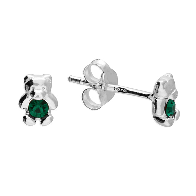 Melchior Jewellery May emerald birthstone earrings for girls shaped as silver teddy bears with green stones