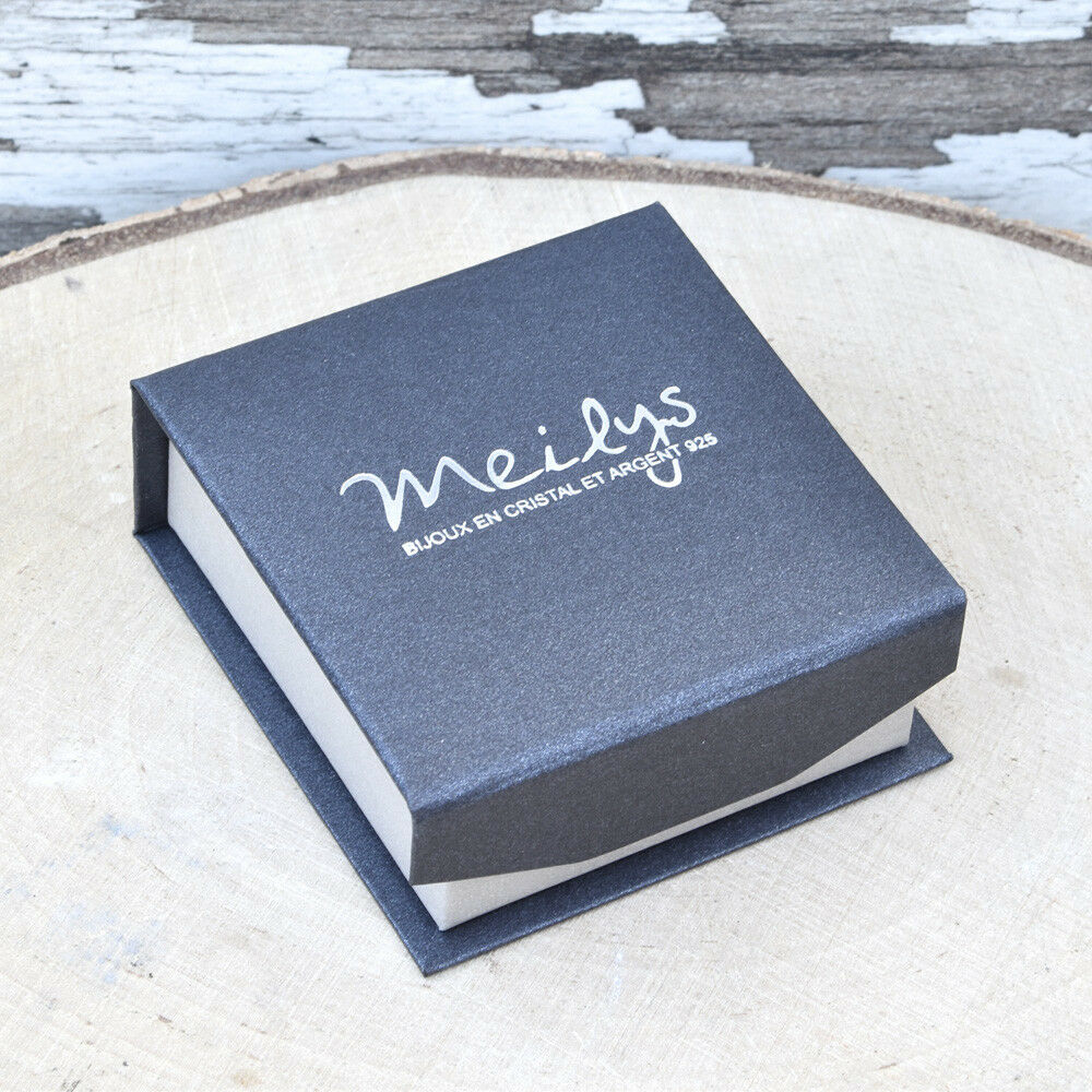 Navy jewellery presentation box with Meilys logo on wooden surface for AB crystal sterling silver earrings