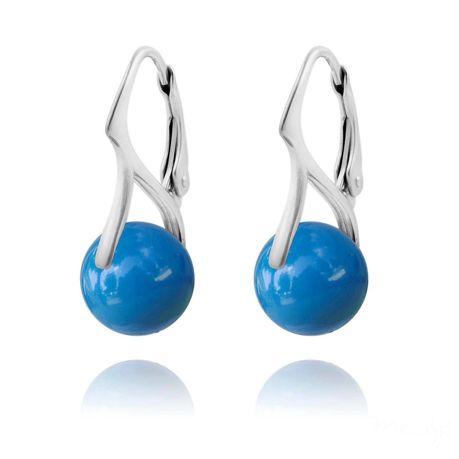 Melchior Jewellery womans nacreous created pearl earrings with silver twisted lever-back hooks and blue round pearls