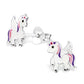 Melchior Jewellery children's sterling silver unicorn earrings white enamel with pink and purple details 925 stud