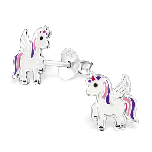 Melchior Jewellery children's sterling silver unicorn earrings white enamel with pink and purple details 925 stud