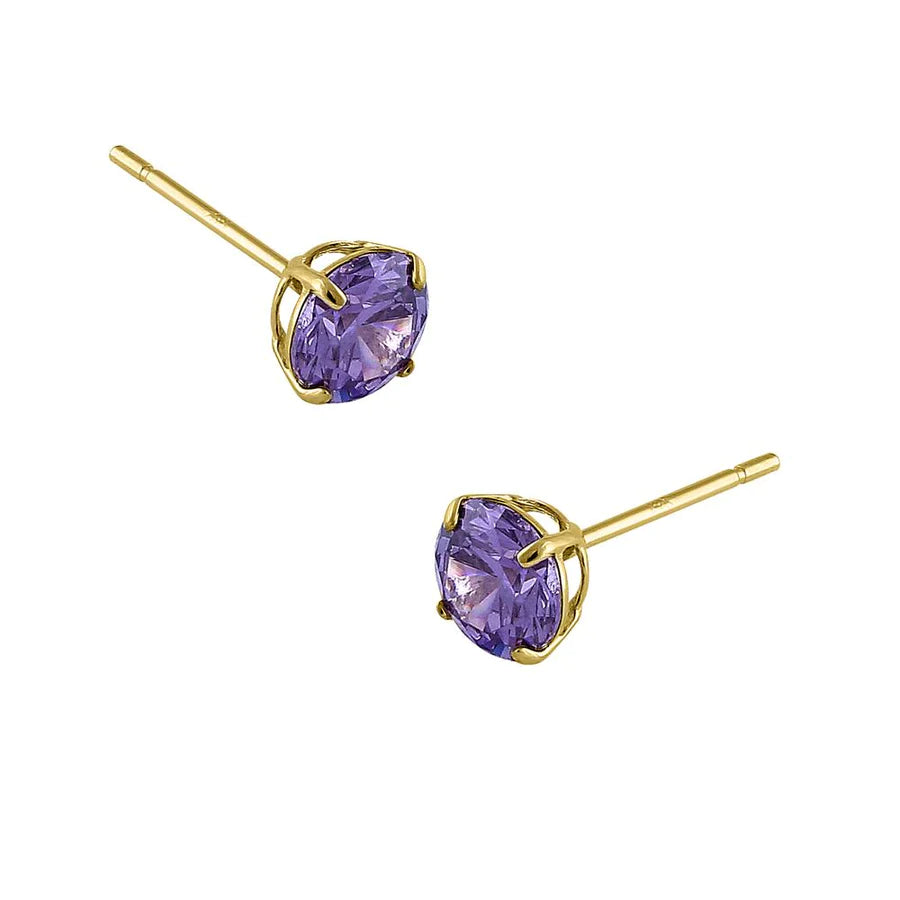 14K yellow gold amethyst CZ earrings with round purple stones set in gold prongs