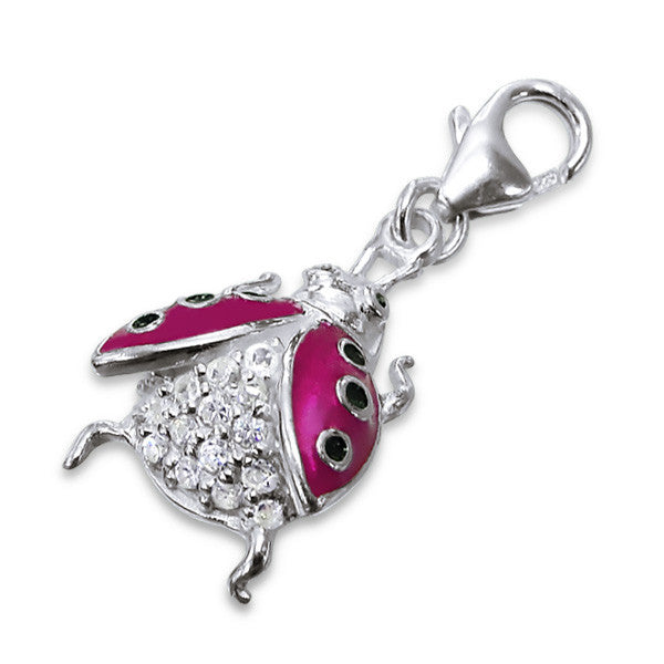 Melchior Jewellery 3D ladybird clip on charm silver with pink enamel wings and sparkling cubic zirconia