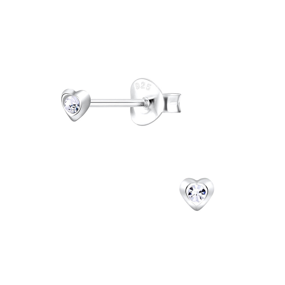 Melchior Jewellery 3mm clear heart stud earrings for children in sterling silver design