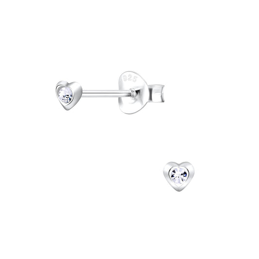 Melchior Jewellery 3mm clear heart stud earrings for children in sterling silver design