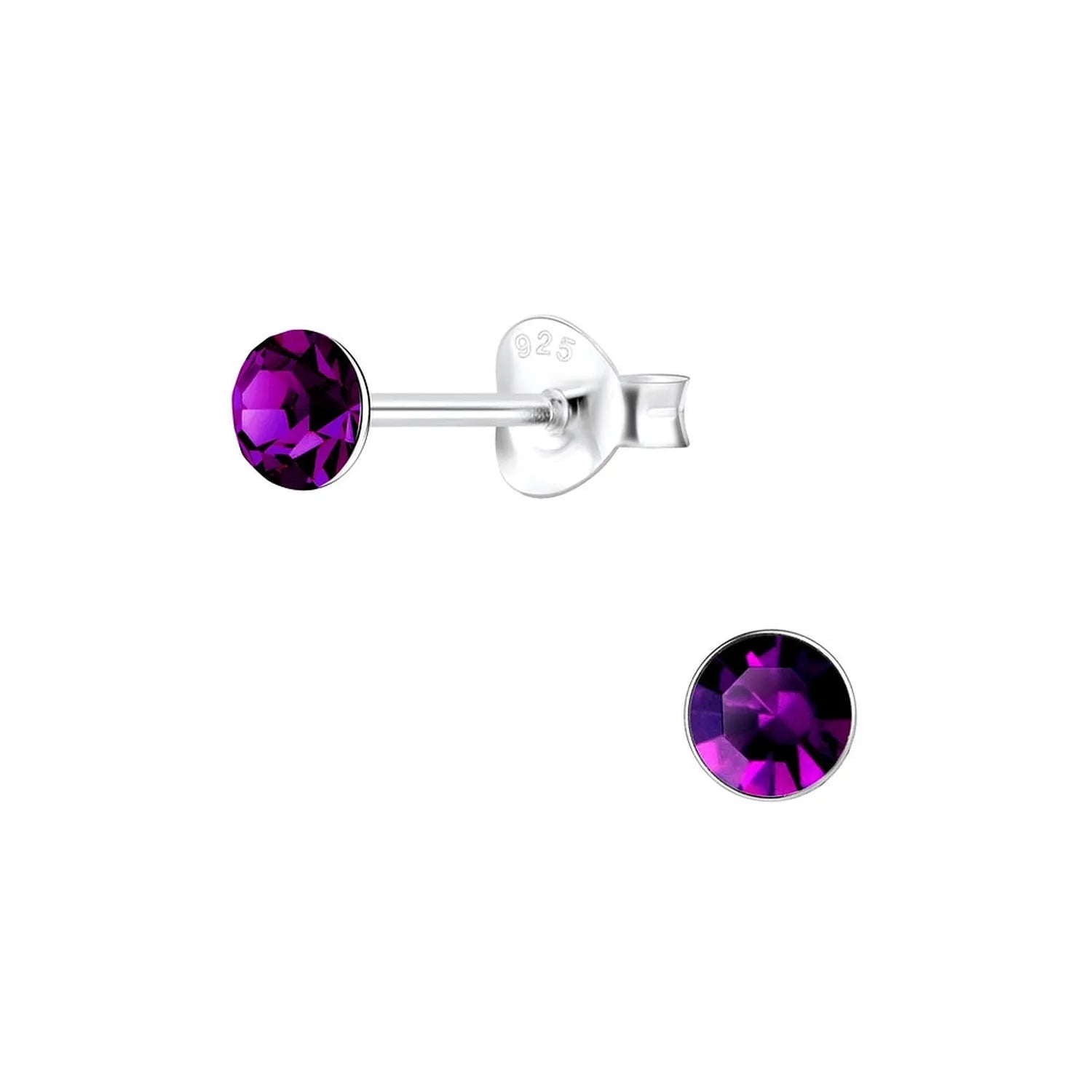 Melchior Jewellery 4mm round cubic zirconia earrings in vibrant deep purple with sterling silver posts