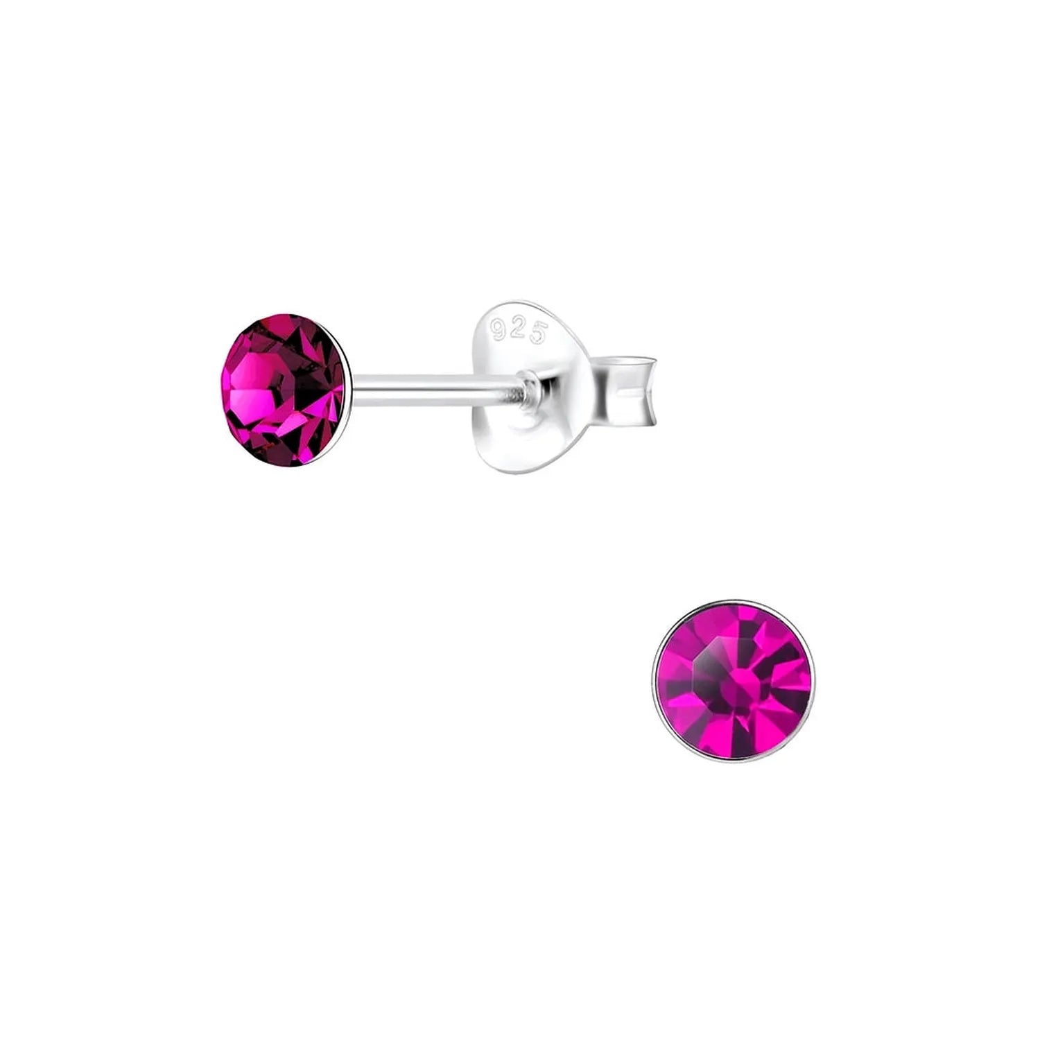 Melchior Jewellery 4mm round cubic zirconia earrings with vibrant deep pink stones set in sterling silver