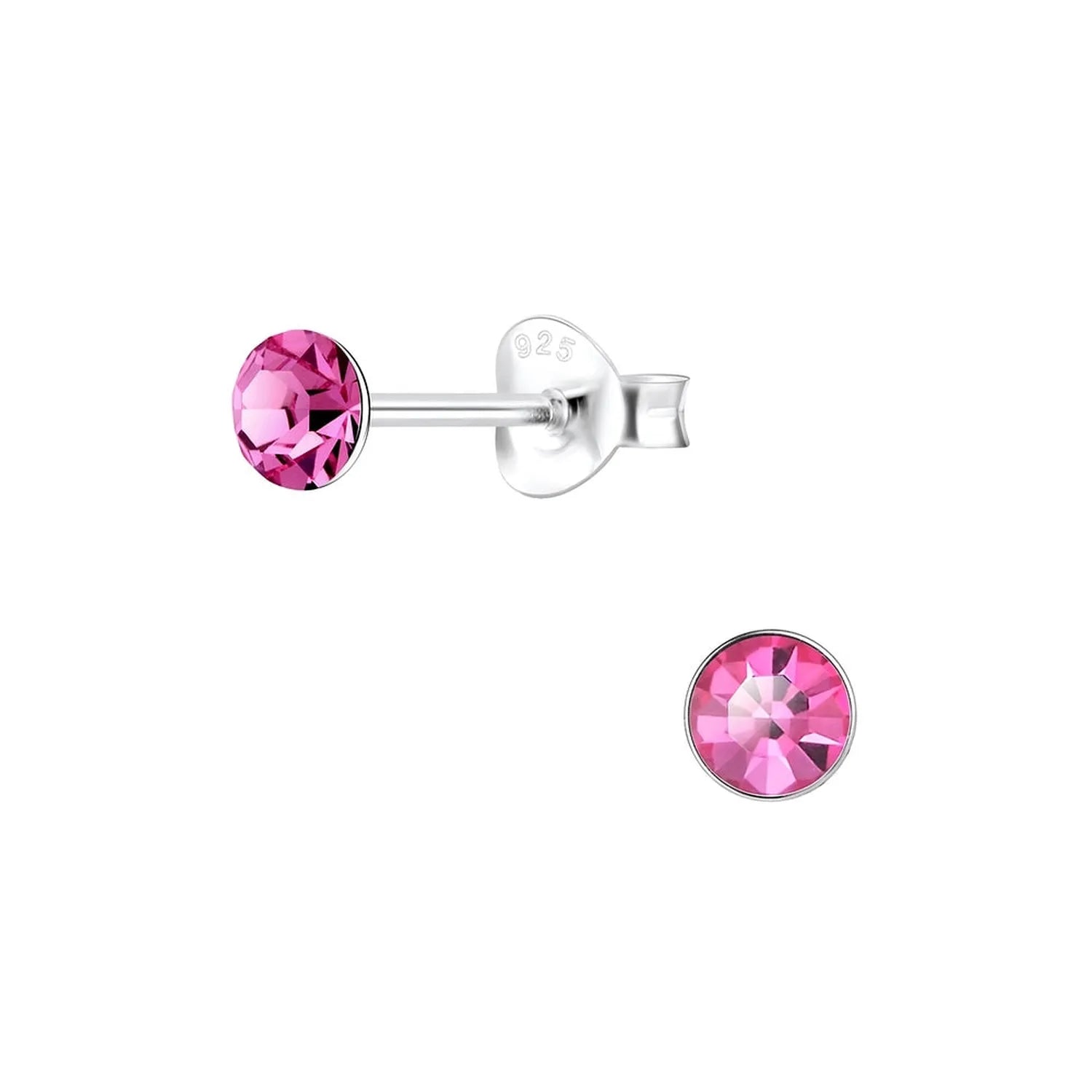 Melchior Jewellery 4mm round cubic zirconia earrings with vibrant pink stones set in sterling silver studs