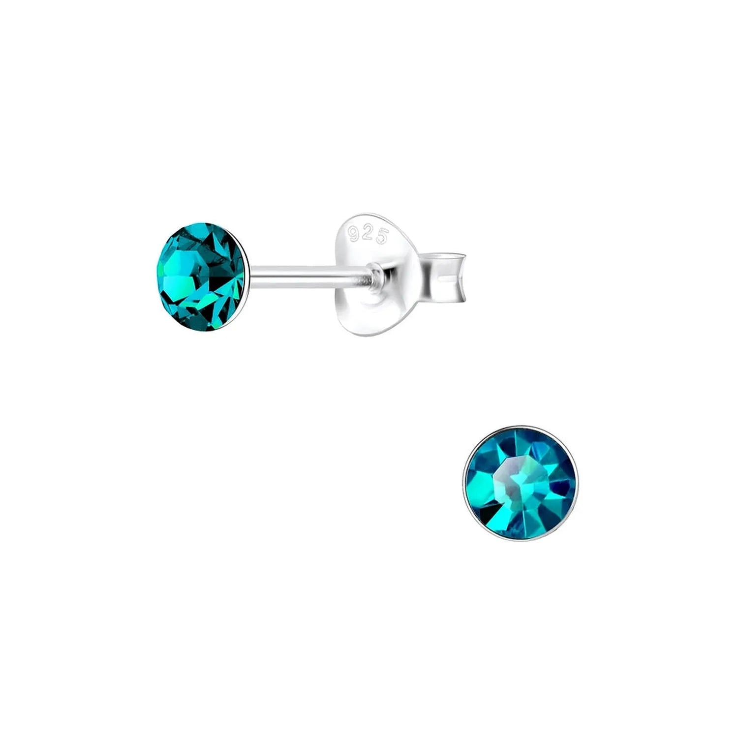 Melchior Jewellery 4mm round cubic zirconia earrings with vibrant teal blue stones set in sterling silver studs