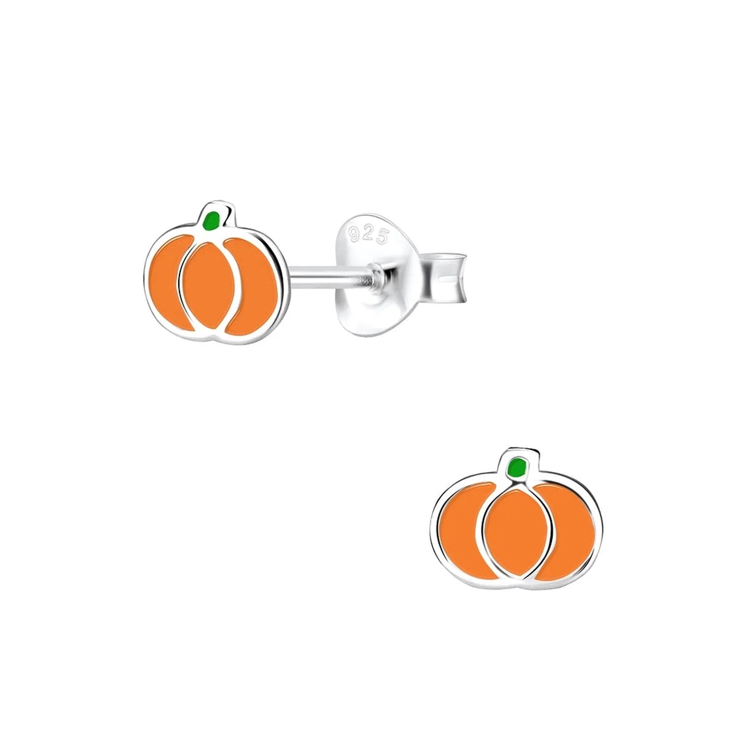 925 silver pumpkin stud earrings for kids with bright orange enamel and green stem detail