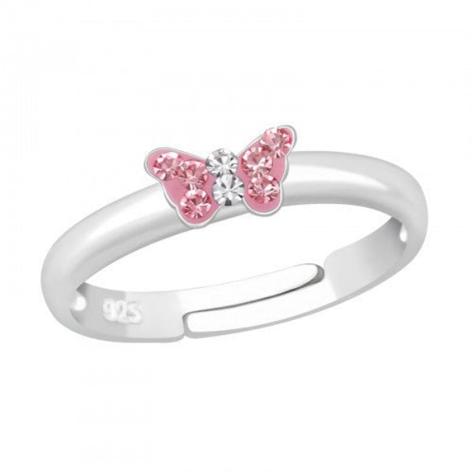 Sterling silver adjustable pink butterfly ring for girls with sparkling pink and clear crystals