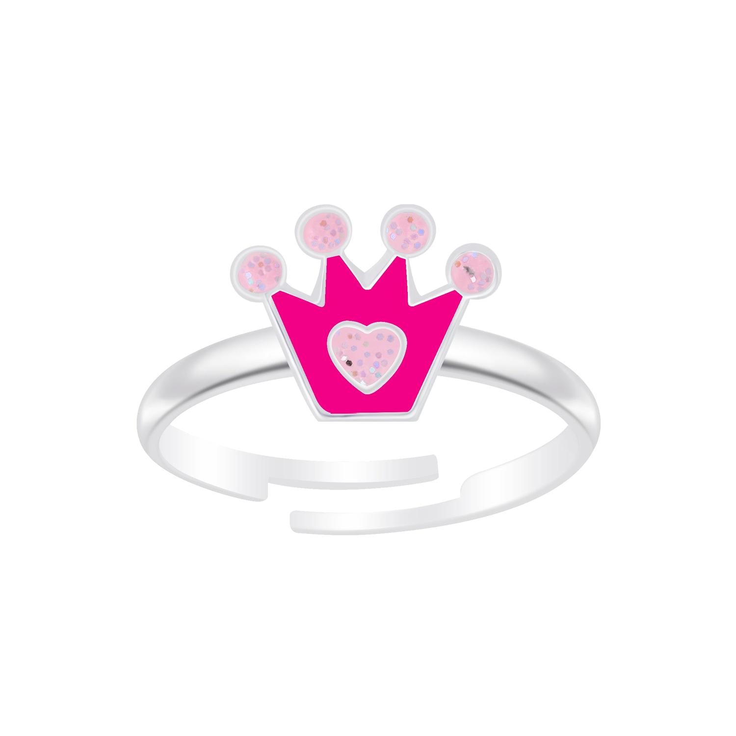 Adjustable Princess Crown Ring with pink heart and silver band for children by Melchior Jewellery