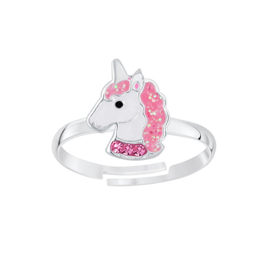 Melchior Jewellery adjustable unicorn ring for kids with pink mane and silver band