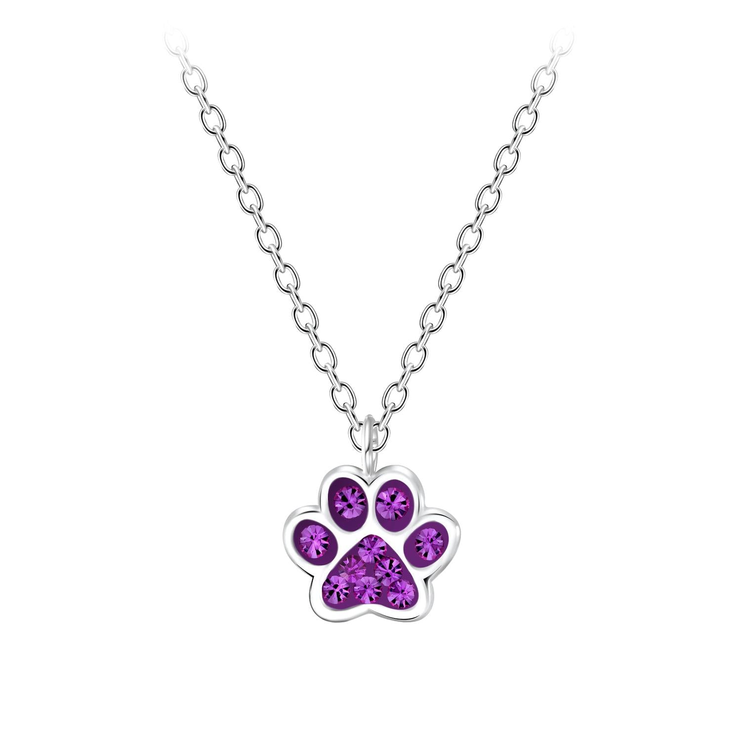 Melchior Jewellery Amethyst Paw Print Necklace with purple gemstones on silver chain