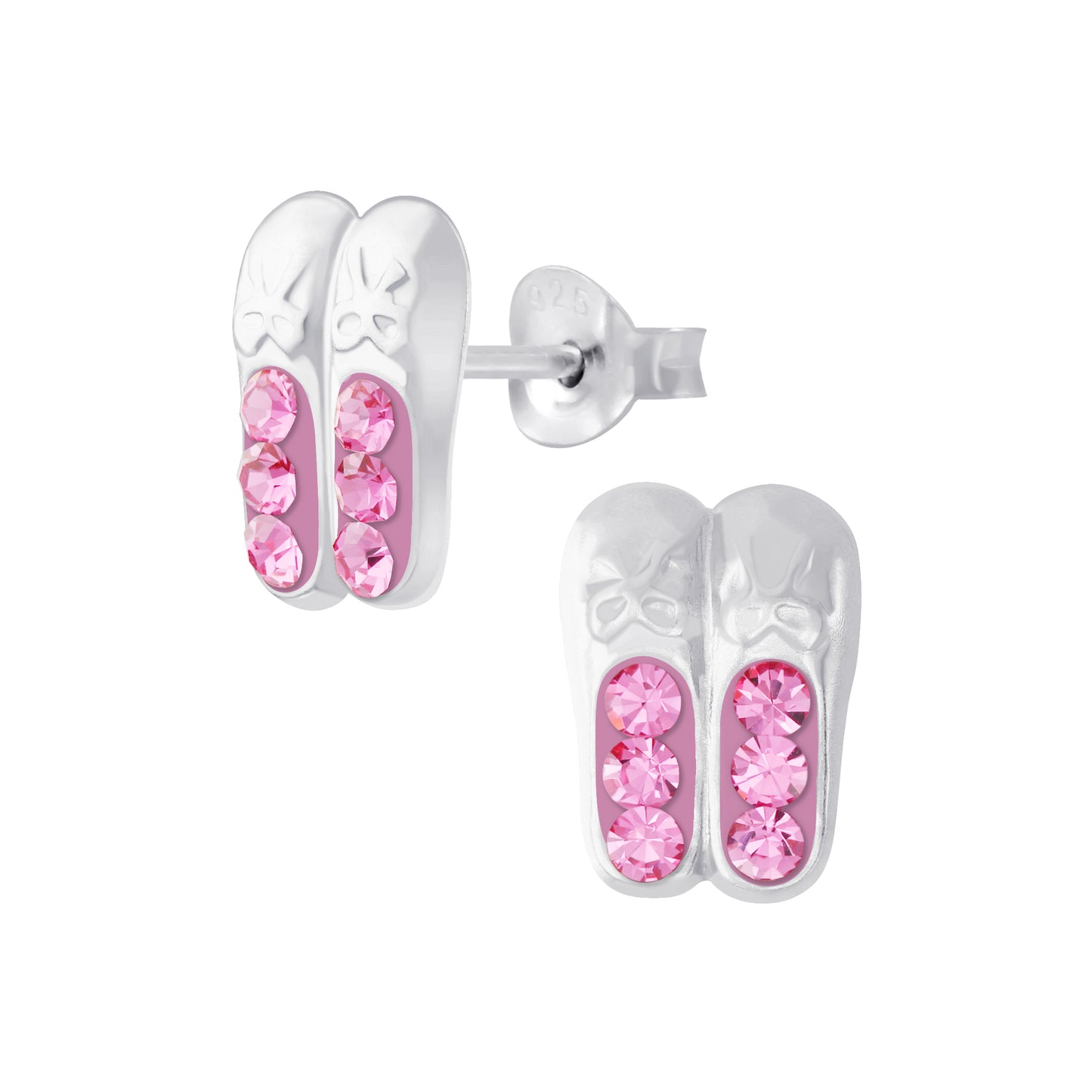 Melchior Jewellery ballet shoe stud earrings for kids with pink crystal accents in silver finish