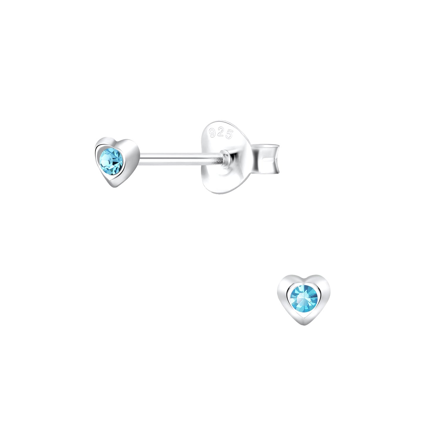 Blue crystal heart stud earrings for kids by Melchior Jewellery in sterling silver design