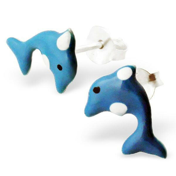 Blue dolphin stud earrings for kids by Melchior Jewellery cute ocean animal design