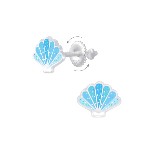 Blue glitter screw back earrings for kids shaped like seashells by Melchior Jewellery