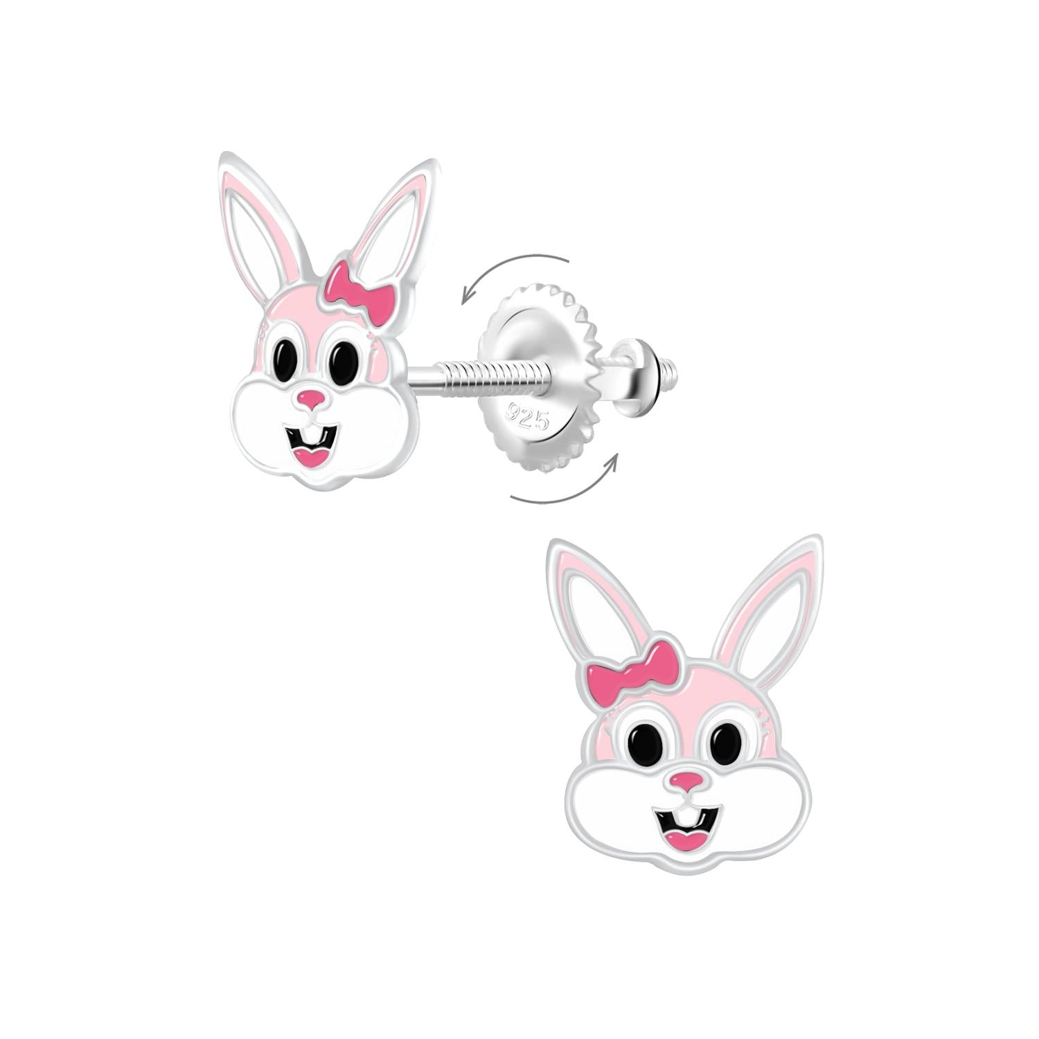 Melchior Jewellery Bunny Rabbit Screw Back Earrings in silver with pink and white enamel details and a bow