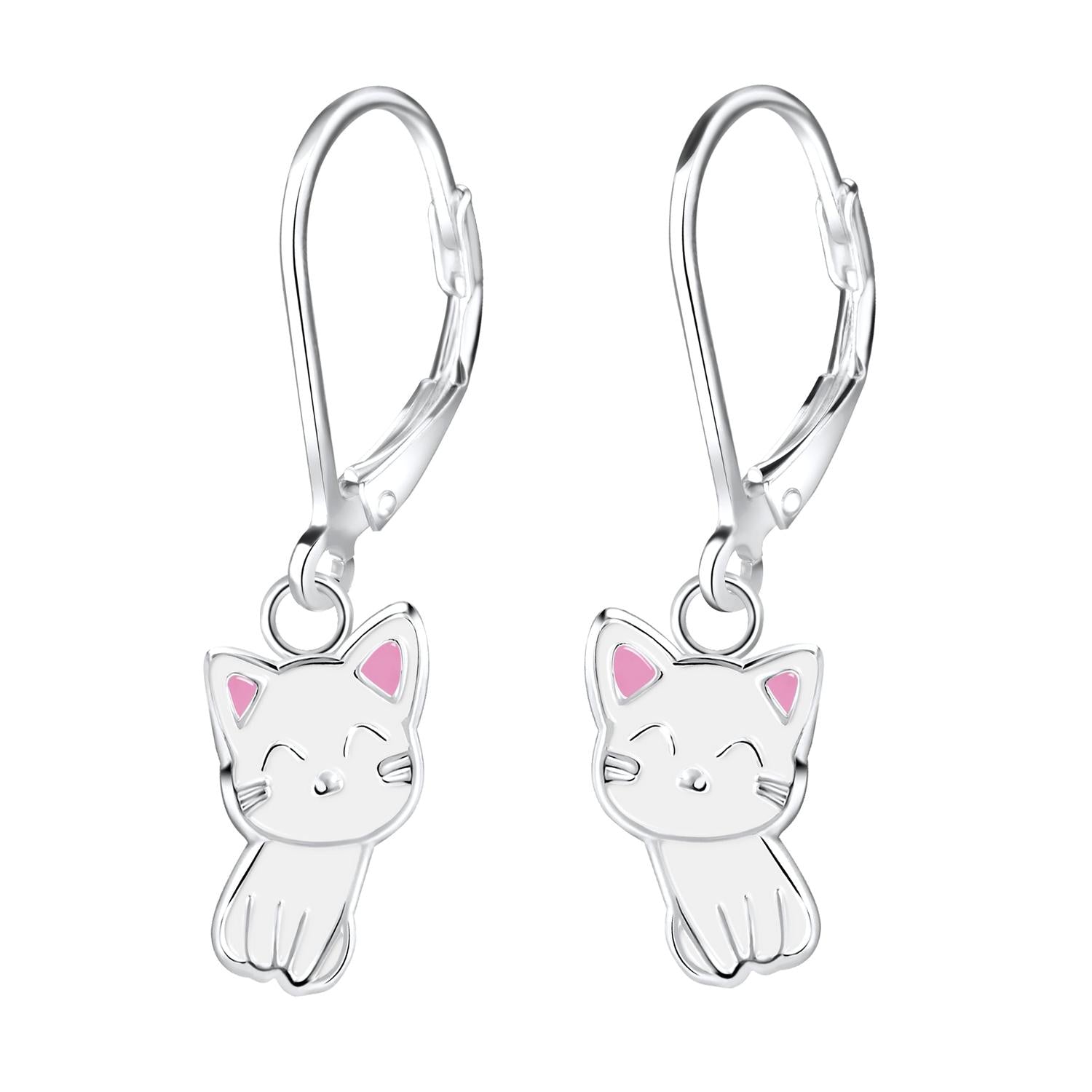 Melchior Jewellery Cat Leverback Earrings silver with pink accents cute cat design
