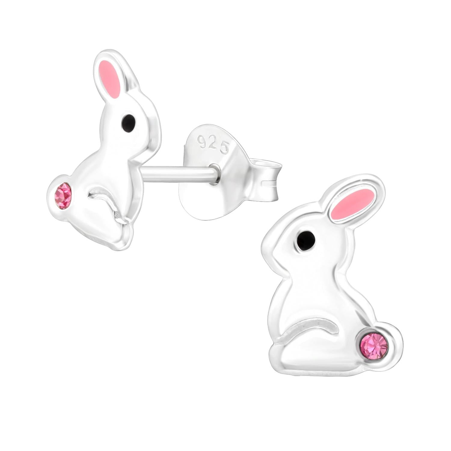 Childrens bunny rabbit stud earrings in silver with pink ear and pink gem tail by Melchior Jewellery