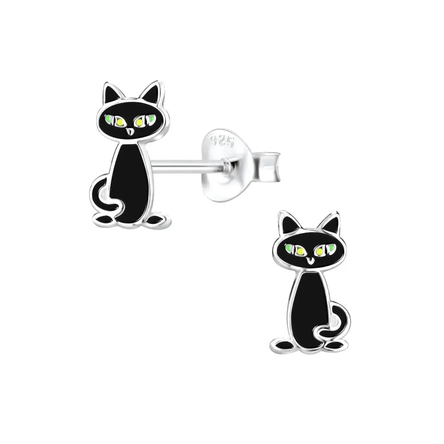 Melchior Jewellery Childrens Cat Stud Earrings in silver with black enamel and green eyes