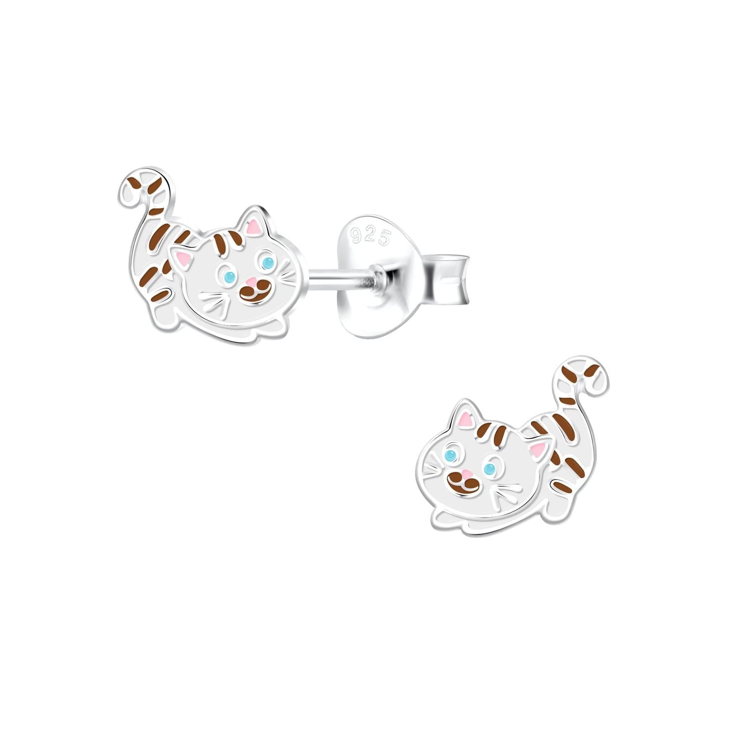 Melchior Jewellery childrens cat stud earrings in silver with blue eyes and brown stripes